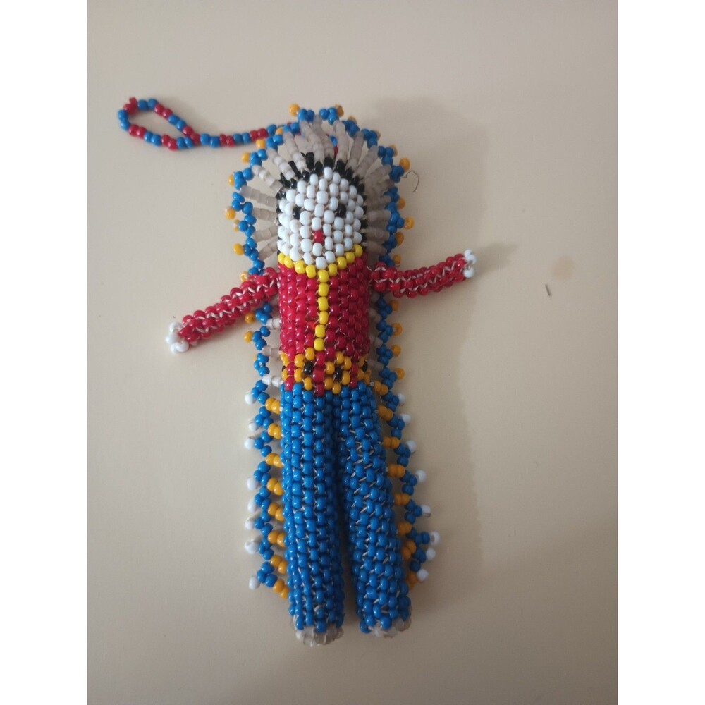 Zuni Beaded Native American  Doll Figure Ornament 4” Headdress Vintage Seed Bead